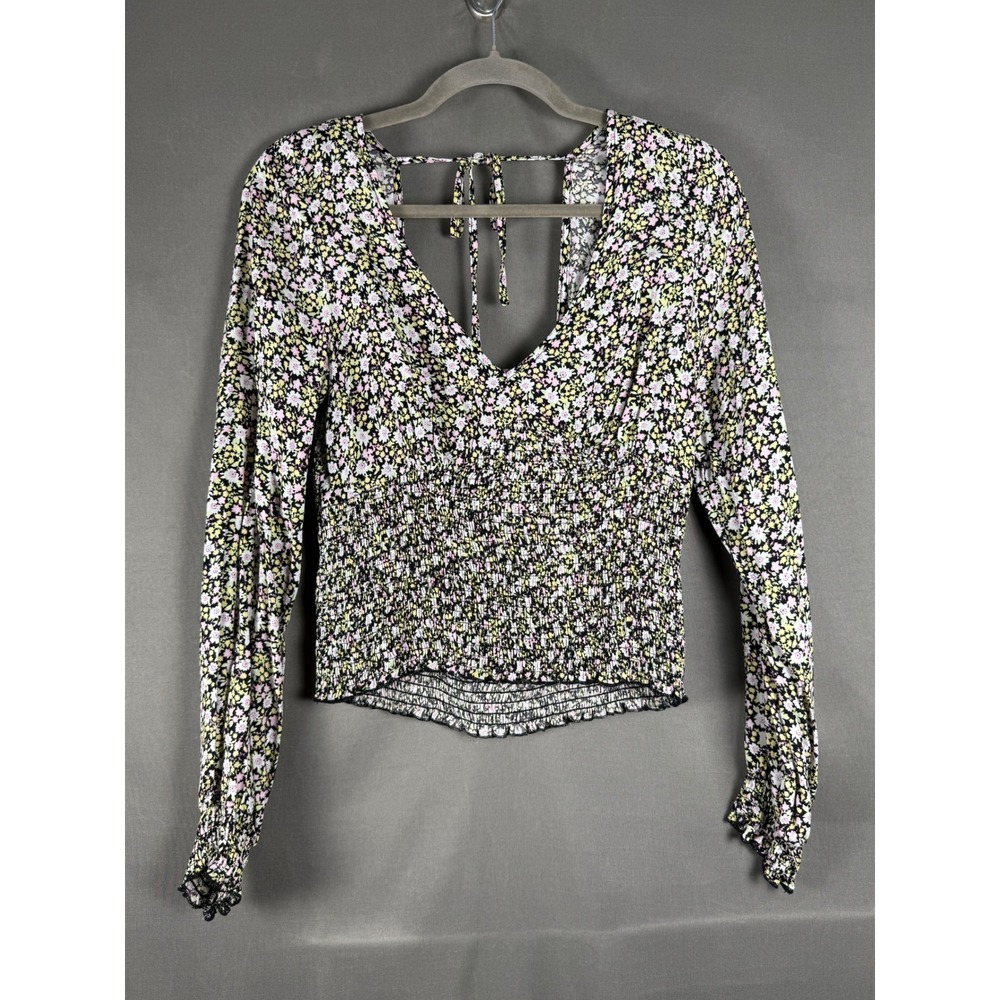 B.K. Chance Floral Smocked Top Women Size M Black Multi Long Sleeve Tie Back